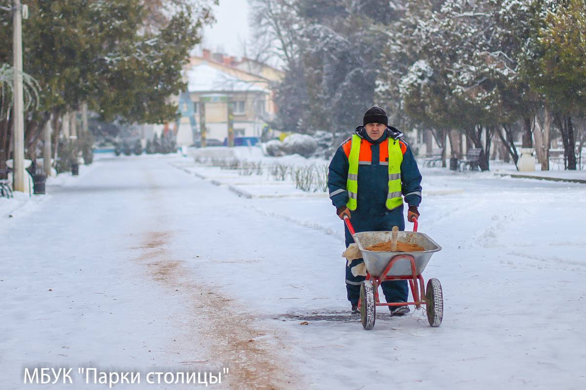 В парках и скверах Симферополя продолжают устранять последствия снегопада
